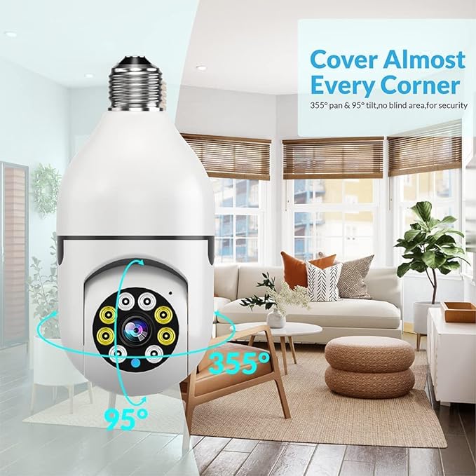 Smart home security camera with a living room background, emphasizing its wide-angle coverage.