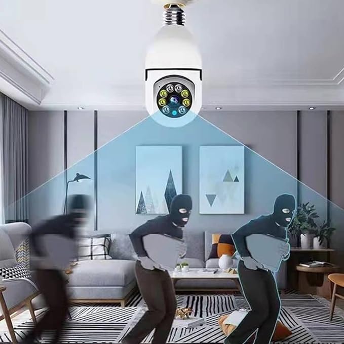 Smart light bulb with security camera feature projected in a living room.