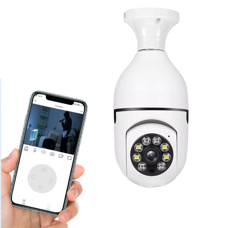 White security camera with smartphone displaying camera feed on a white background