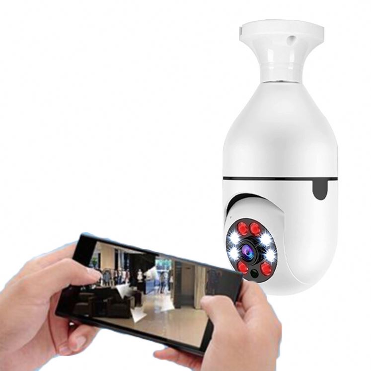 Smart home security camera with a smartphone displaying a live view on a white background