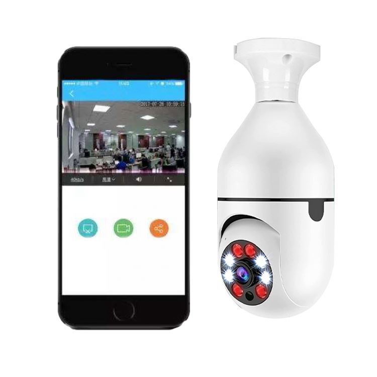 Smart home security camera and smartphone displaying camera feed on a white background